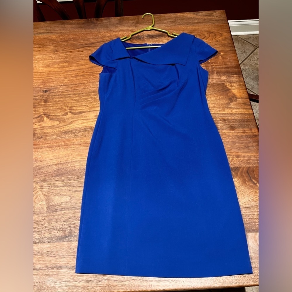 Tahari Dress Women's 14 Portrait Collar Royal Blue Ruched Sheath Fully Lined